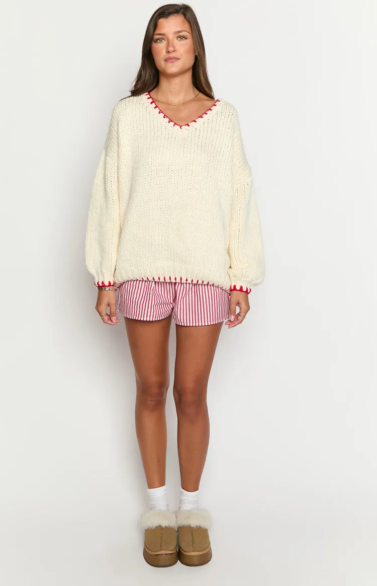 Delvey Cream And Red Contrast Stitch Chunky Knit Sweater sold by Beginning Boutique product image thumbnail 3