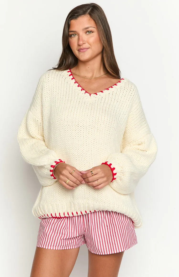 Delvey Cream And Red Contrast Stitch Chunky Knit Sweater sold by Beginning Boutique product image thumbnail 2