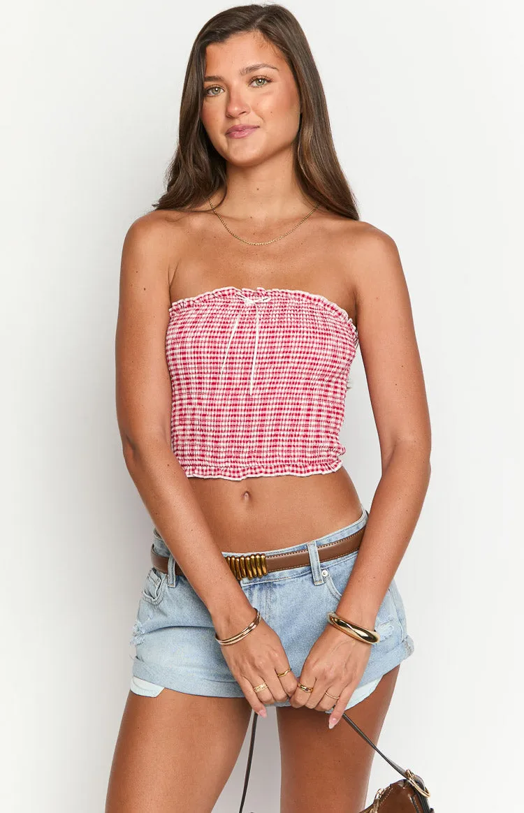 Boston Red Gingham Strapless Top sold by Beginning Boutique product image thumbnail 4