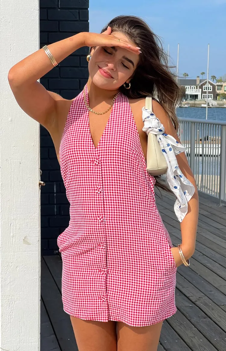 Felix Red Gingham Halter Mini Dress sold by Beginning Boutique