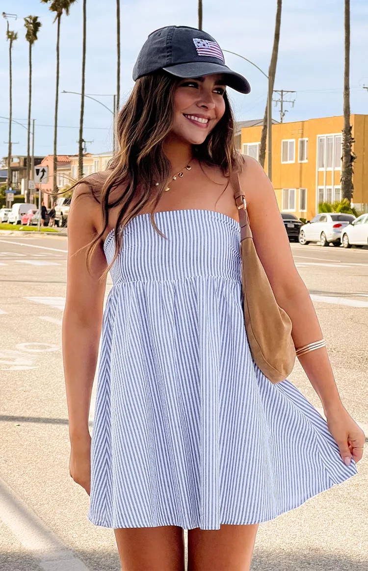 Anderson Blue Stripe Strapless Mini Dress sold by Beginning Boutique