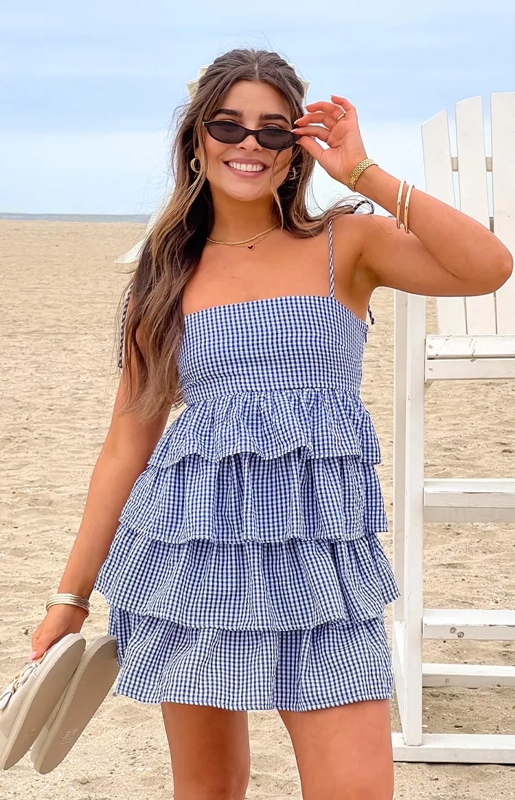 Paolo Navy Gingham Ruffle Mini Dress sold by Beginning Boutique