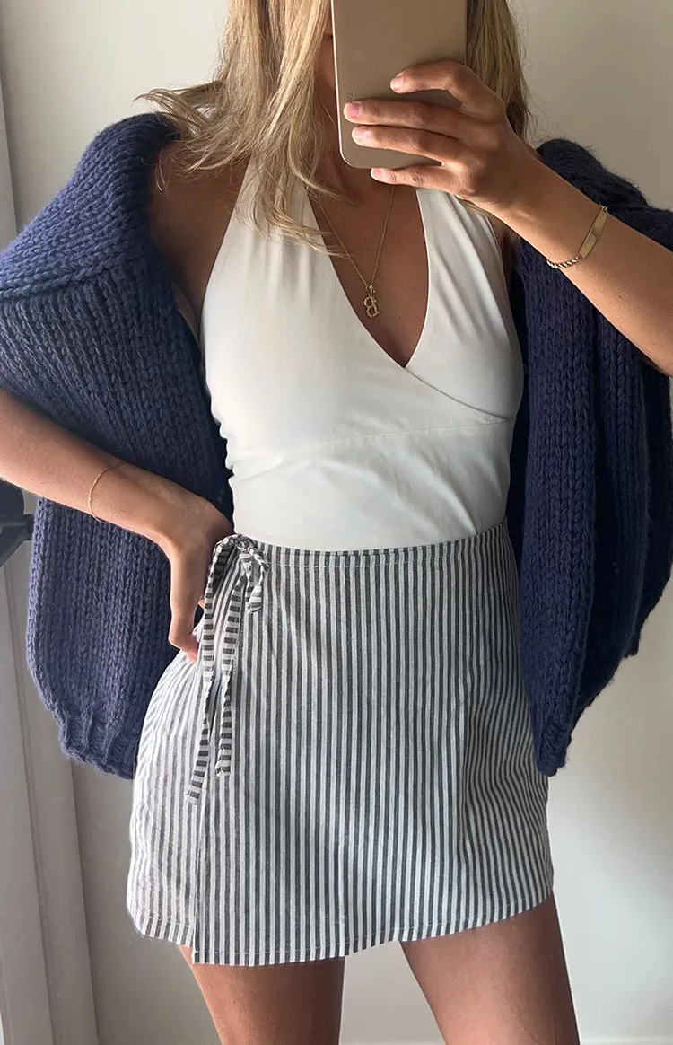 Frazer Blue Stripe Tie Side Mini Skirt sold by Beginning Boutique