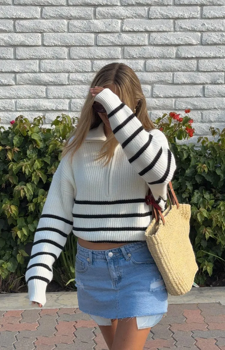 Copenhagen Cream Stripe Quarter Zip Knit Jumper sold by Beginning Boutique