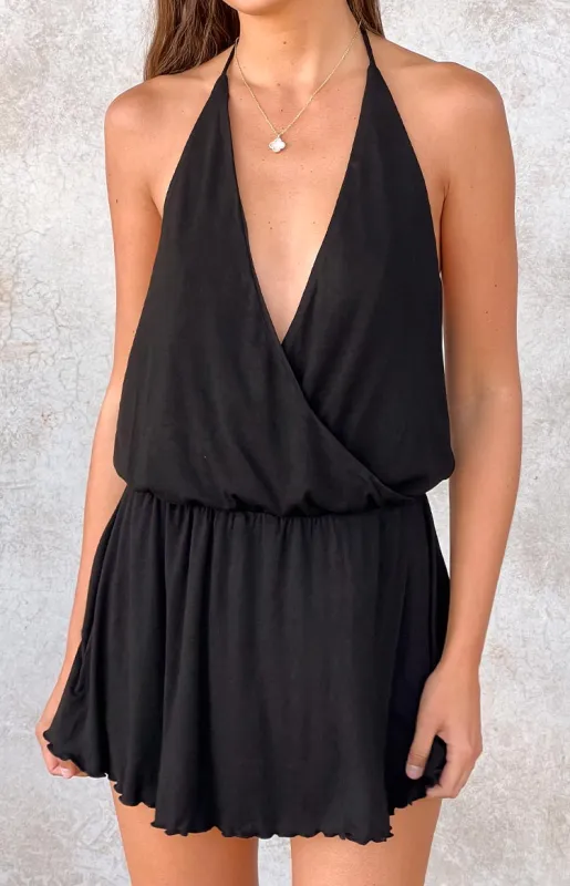 Tyler Black Halter Neck Playsuit sold by Beginning Boutique