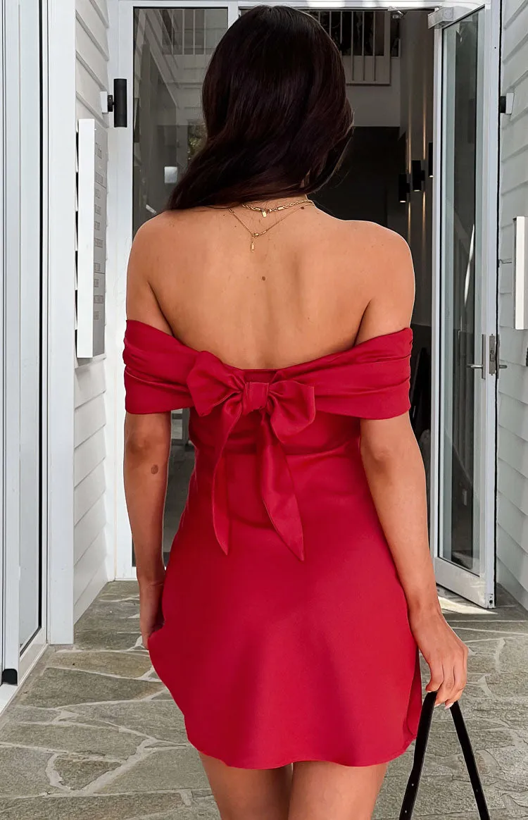 Primrose Red Satin Off the Shoulder Mini Dress sold by Beginning Boutique