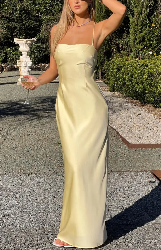Astlee Yellow Satin Formal Maxi Dress sold by Beginning Boutique