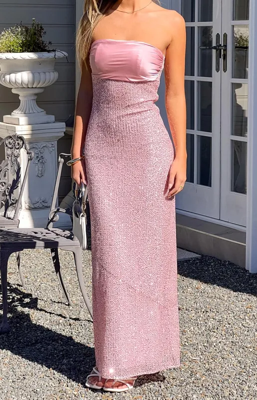 Alliana Pink Sequin Strapless Formal Maxi Dress sold by Beginning Boutique