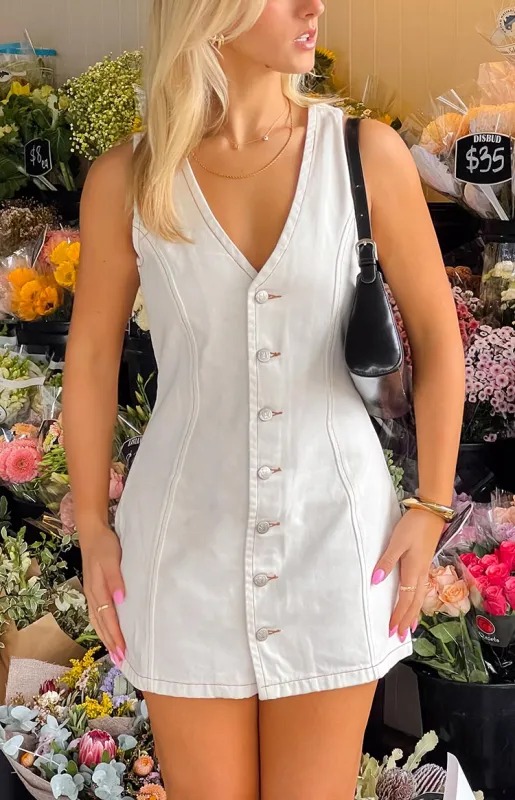 Isla White Wash Denim Mini Dress sold by Beginning Boutique