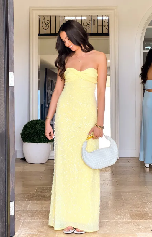 Ashley Yellow Sequin Strapless Maxi Dress made by Beginning Boutique