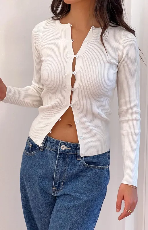Kippy White Knit Button Up Long Sleeve Top sold by Beginning Boutique