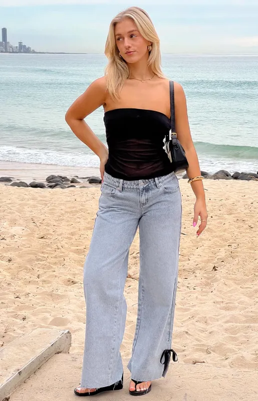 Willabelle Light Wash Denim Bow Hem Low Rise Jeans sold by Beginning Boutique