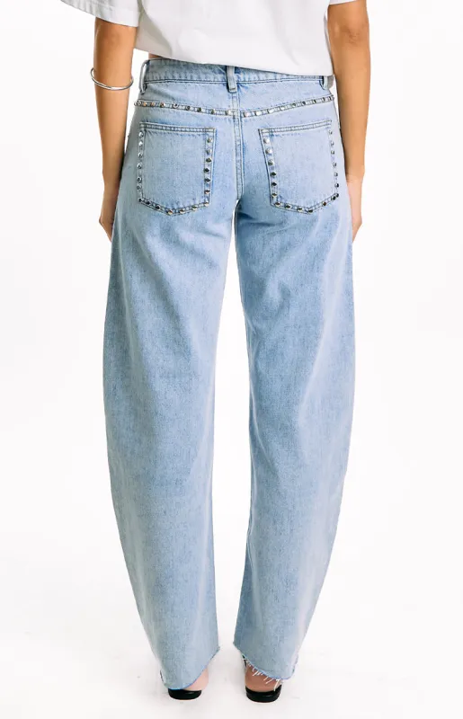Jannina Light Wash Denim Studded Low Rise Jeans sold by Beginning Boutique