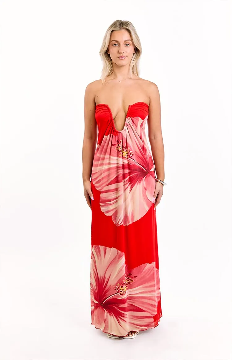 Braelyn Orange Hibiscus Print Strapless Maxi Dress sold by Beginning Boutique product image thumbnail 2