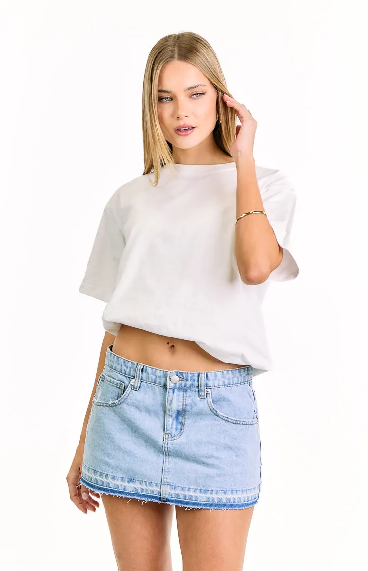 Emmy Light Wash Denim Distressed Mini Skirt sold by Beginning Boutique product image thumbnail 2