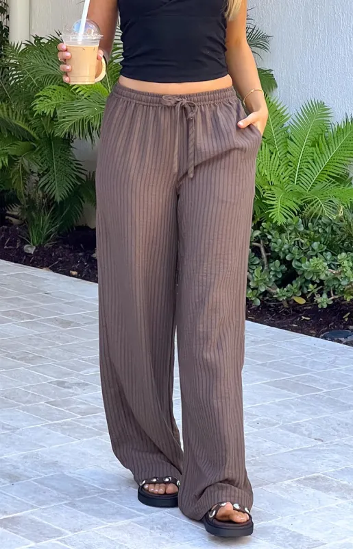 Avandi Brown Stripe Drawstring Waistband Pants sold by Beginning Boutique