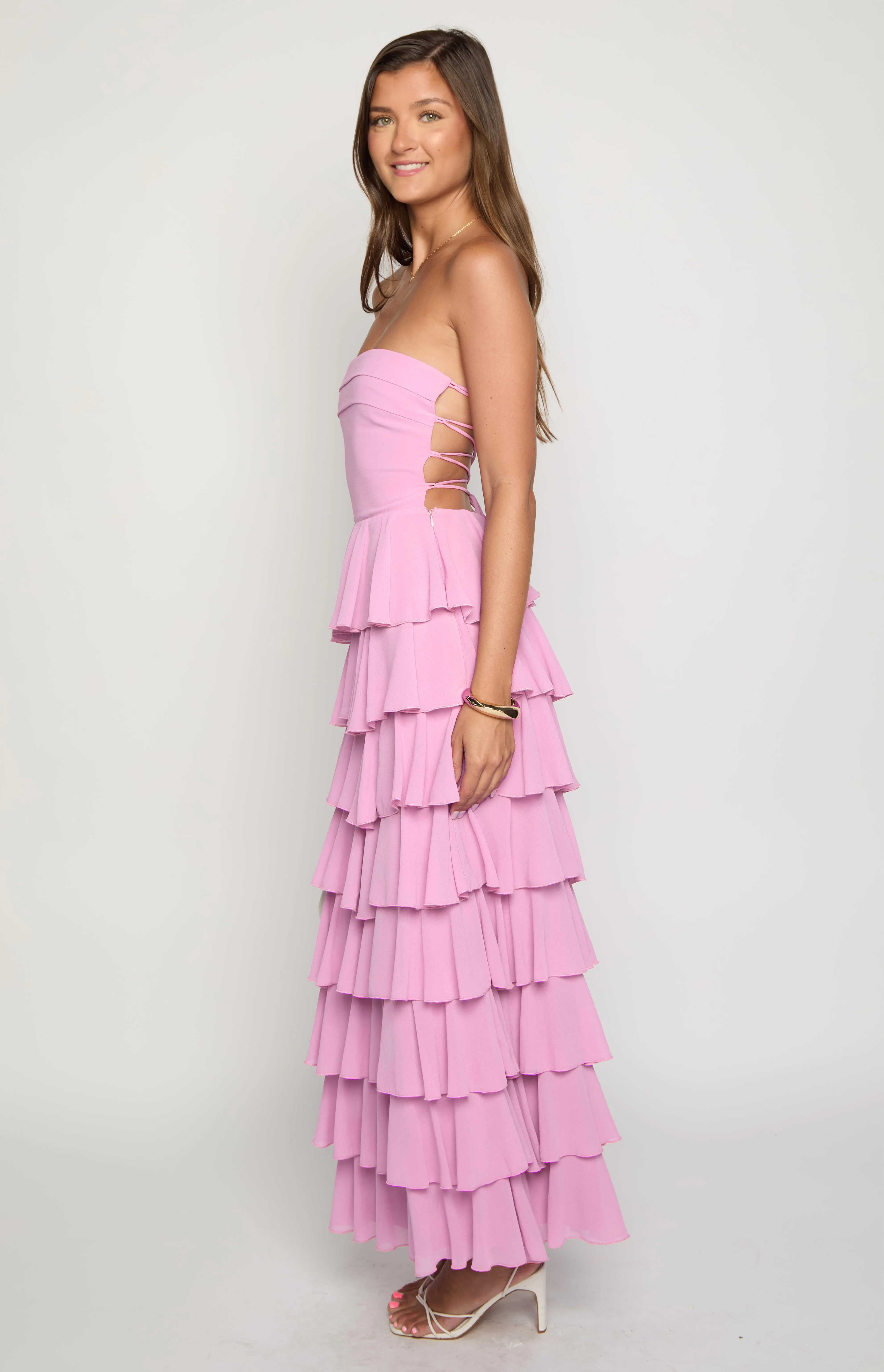 Kim Pink Strapless Ruffle Maxi Dress sold by Beginning Boutique product image thumbnail 2