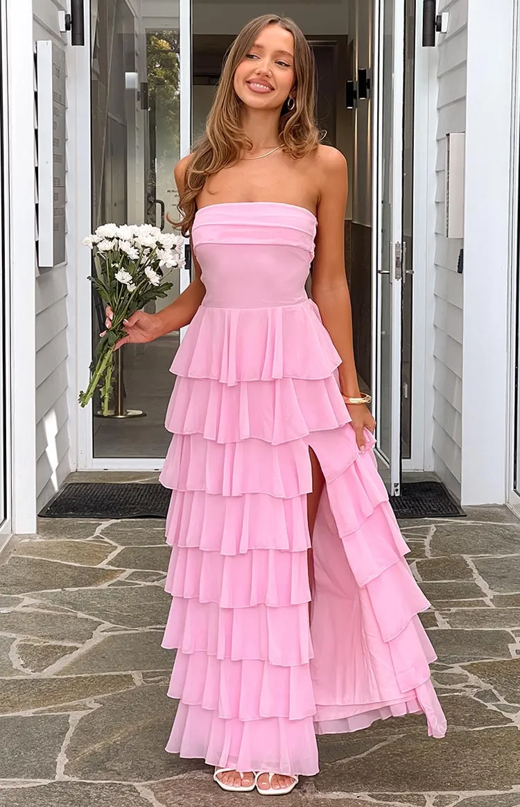 Kim Pink Strapless Ruffle Maxi Dress sold by Beginning Boutique