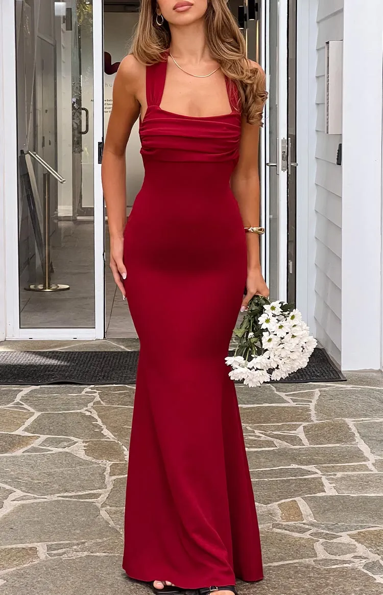 Beverley Wine Crepe Maxi Dress sold by Beginning Boutique