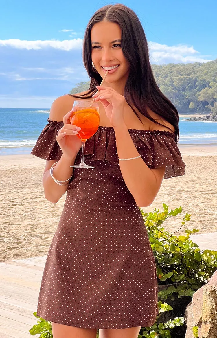 Haylie Brown Polka Dot Off Shoulder Mini Dress sold by Beginning Boutique
