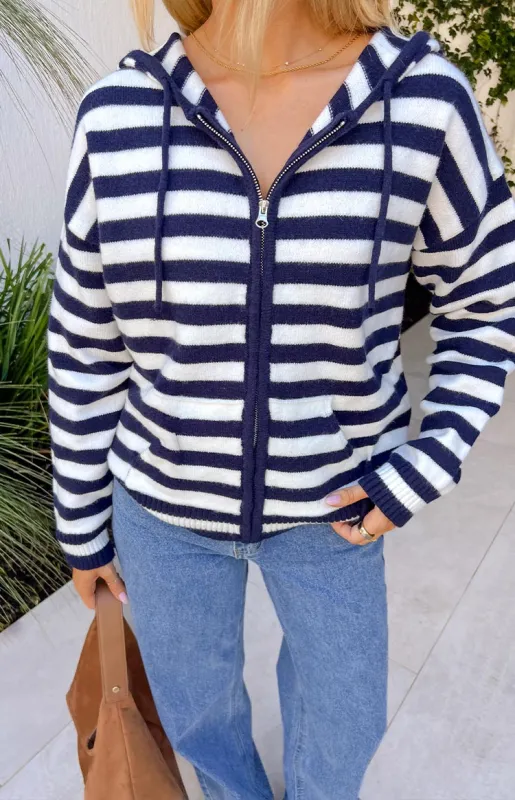 Mollie Navy Stripe Knit Zip Sweater sold by Beginning Boutique