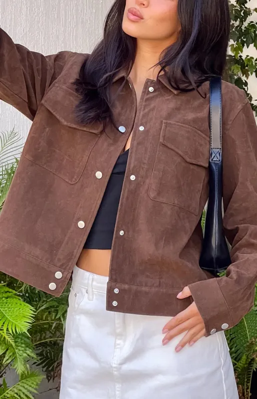Hallie Suedette Chocolate Brown Jacket sold by Beginning Boutique