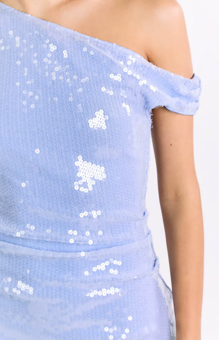 Rachel Blue Sequin Off Shoulder Mini Dress sold by Beginning Boutique product image thumbnail 5