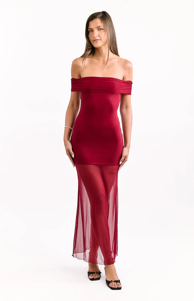 Tabitha Wine Off Shoulder Mesh Maxi Dress sold by Beginning Boutique product image thumbnail 3