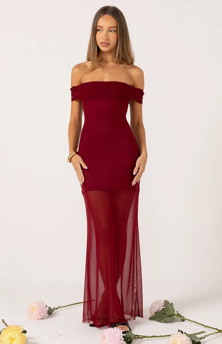 Tabitha Wine Off Shoulder Mesh Maxi Dress sold by Beginning Boutique