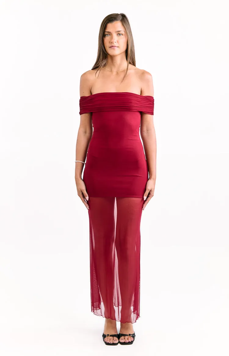 Tabitha Wine Off Shoulder Mesh Maxi Dress sold by Beginning Boutique product image thumbnail 2