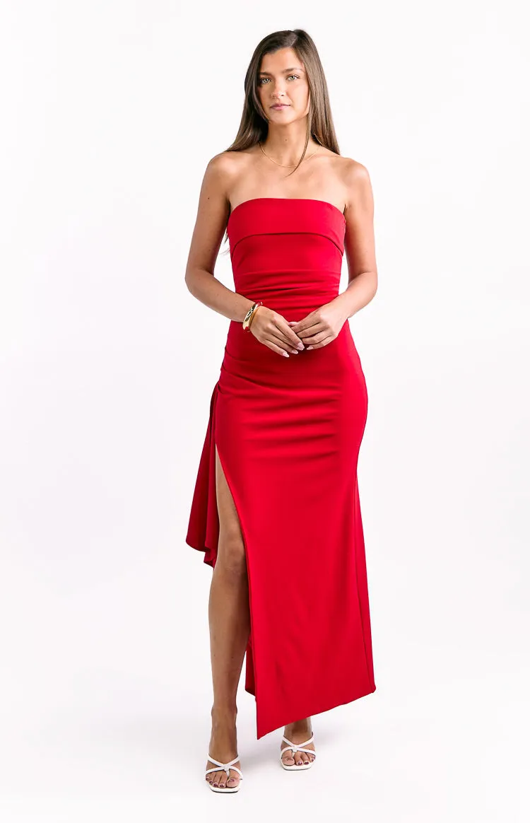 Merlo Red Crepe Strapless Formal Maxi Dress sold by Beginning Boutique product image thumbnail 3