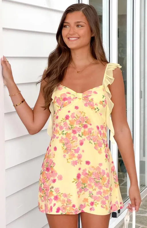 Joyce Yellow Bloom Chiffon Mini Dress sold by Beginning Boutique