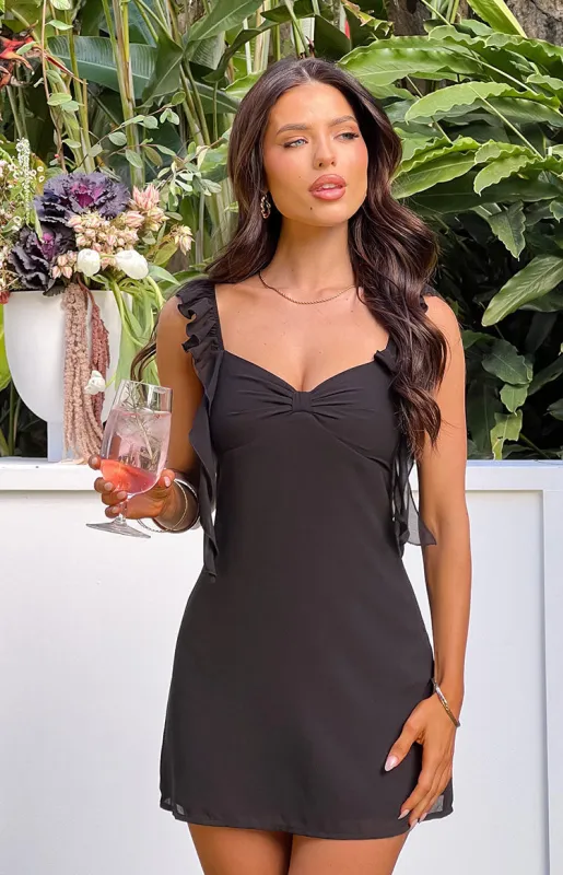 Joyce Black Chiffon Mini Dress sold by Beginning Boutique