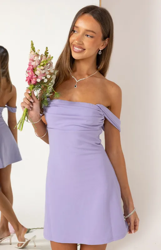 Zoella Lilac Off The Shoulder Crepe Mini Dress sold by Beginning Boutique