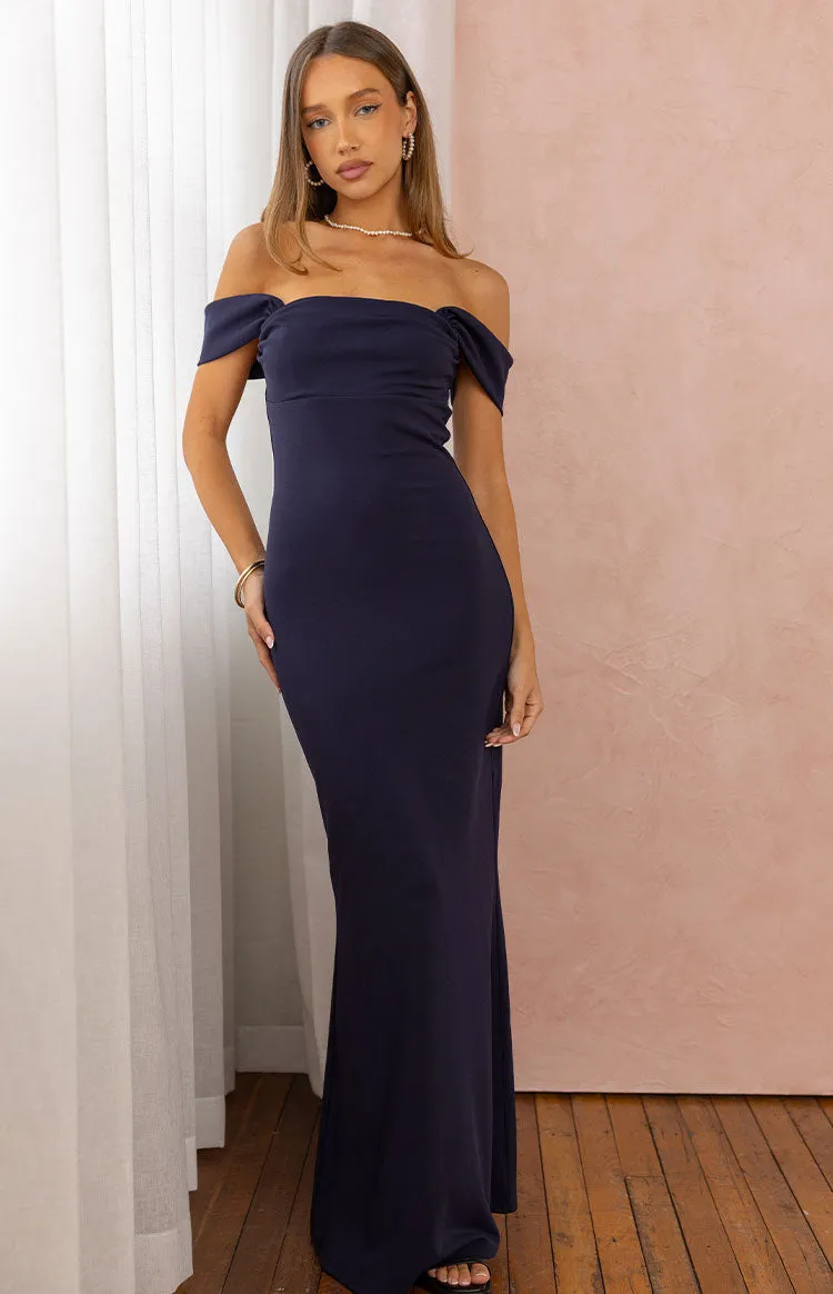 Ella Navy Off Shoulder Crepe Formal Maxi Dress sold by Beginning Boutique
