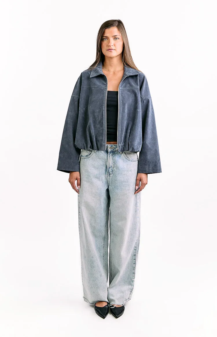 River Steel Grey Suedette Bubble Hem Bomber Jacket sold by Beginning Boutique product image thumbnail 3