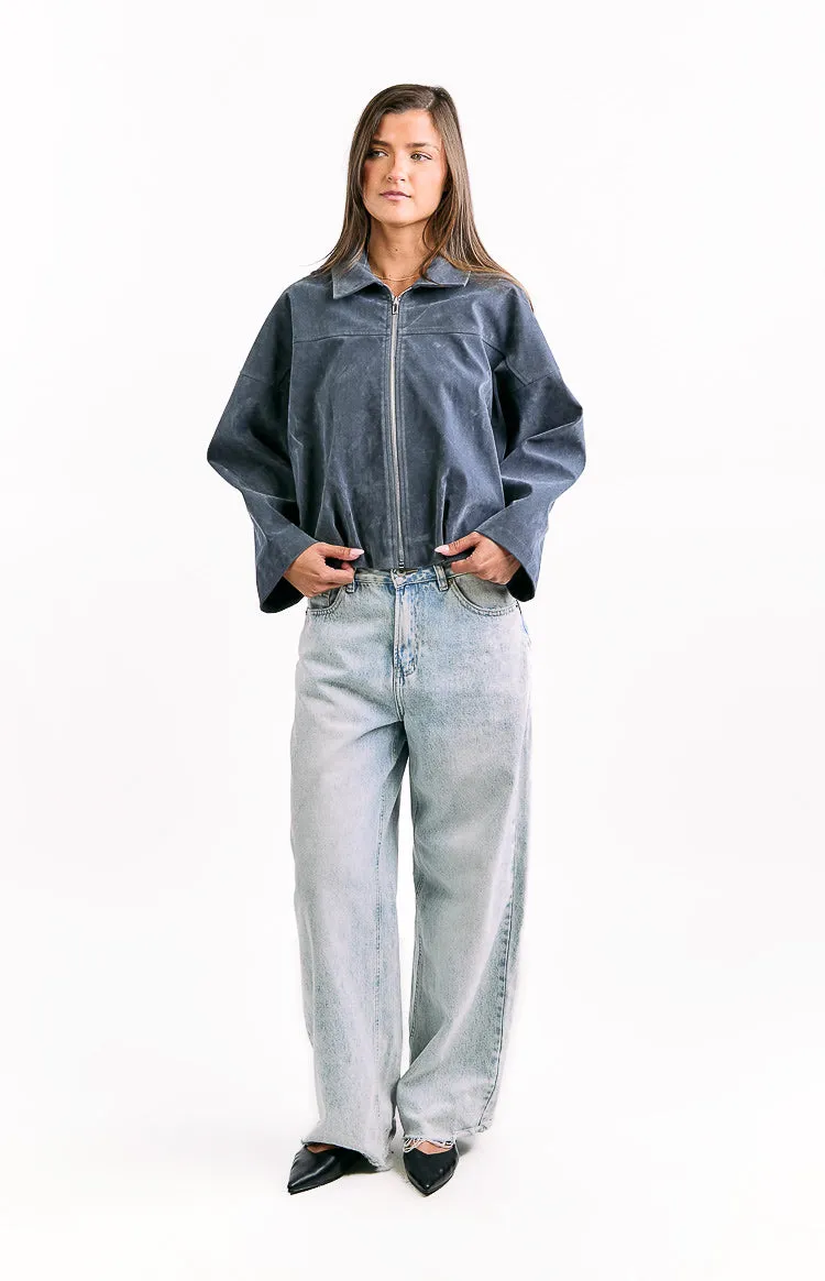 River Steel Grey Suedette Bubble Hem Bomber Jacket sold by Beginning Boutique product image thumbnail 4