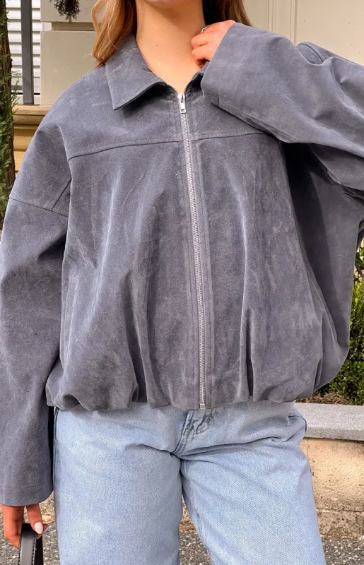 River Steel Grey Suedette Bubble Hem Bomber Jacket sold by Beginning Boutique