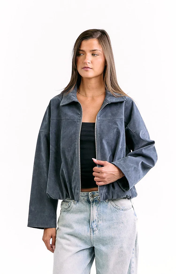 River Steel Grey Suedette Bubble Hem Bomber Jacket sold by Beginning Boutique product image thumbnail 2