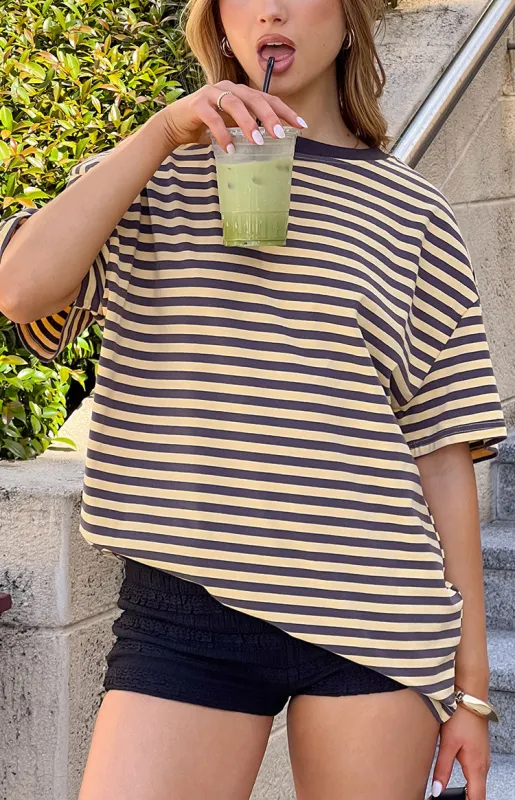 Alba Yellow Stripe Oversized Tee sold by Beginning Boutique