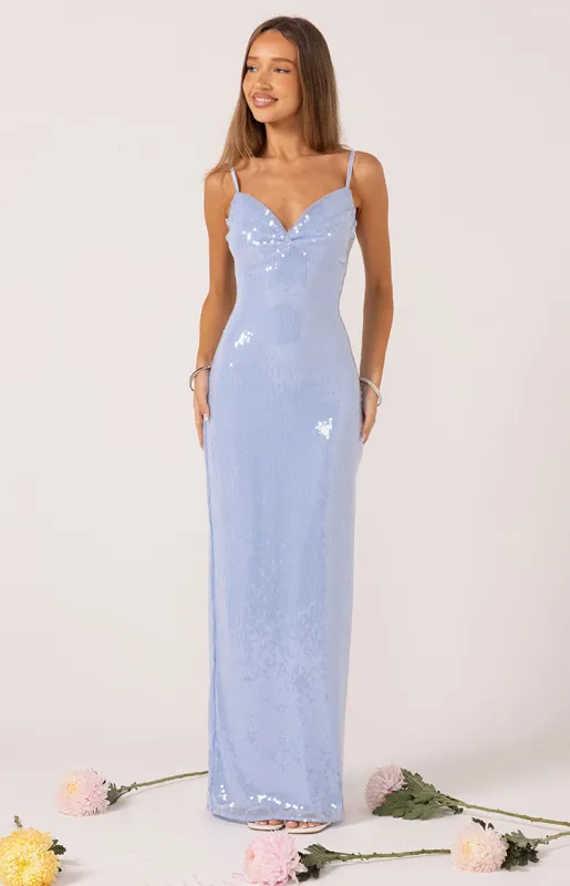 Honey Blue Sequin Maxi Dress sold by Beginning Boutique