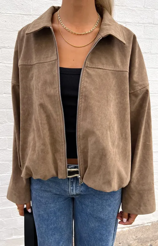 River Brown Suedette Bubble Hem Bomber Jacket sold by Beginning Boutique
