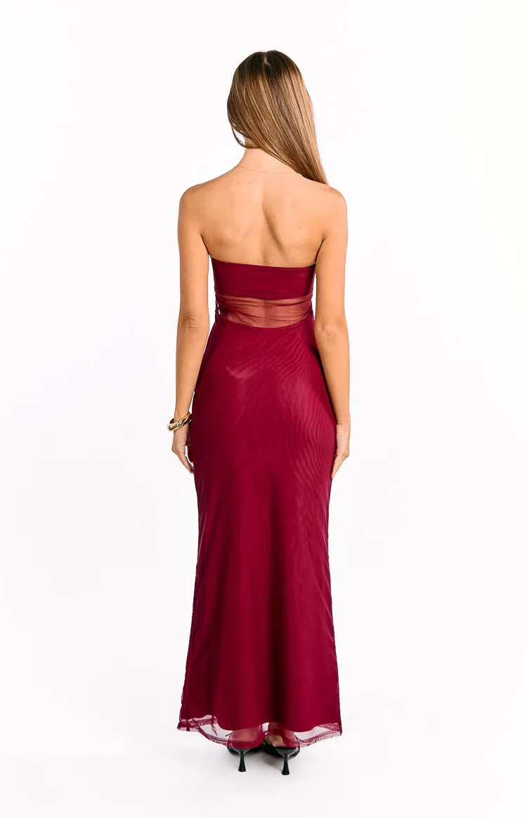 Ryker Wine Strapless Mesh Maxi Dress sold by Beginning Boutique product image thumbnail 5