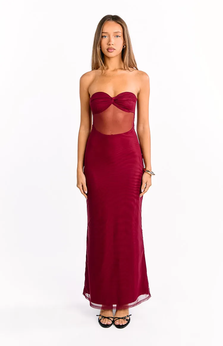 Ryker Wine Strapless Mesh Maxi Dress sold by Beginning Boutique product image thumbnail 2