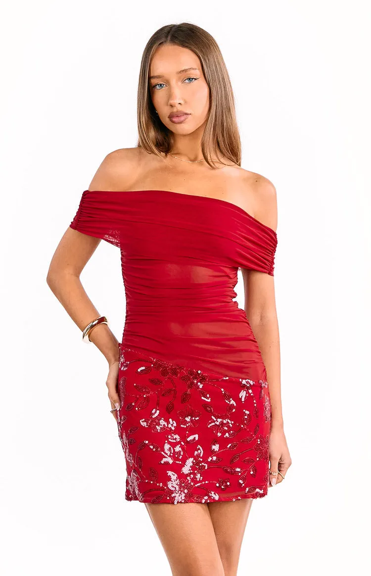 Rhea Red Sequin Mesh Mini Dress sold by Beginning Boutique product image thumbnail 2