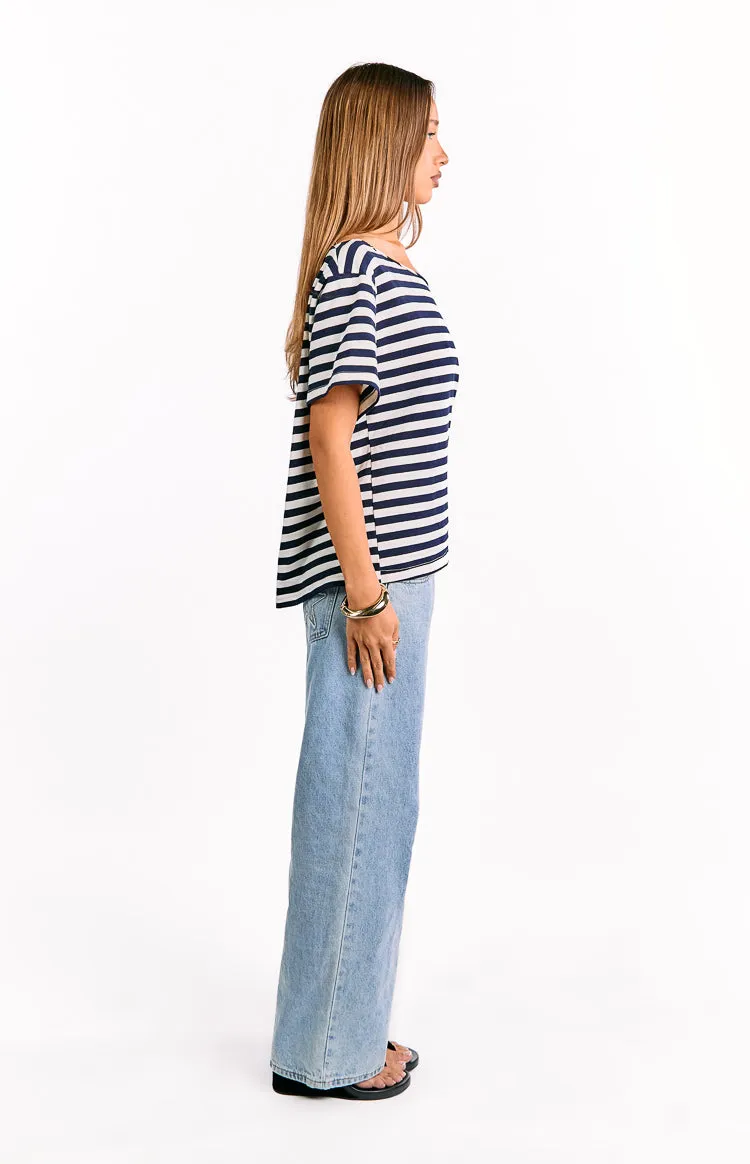 Kaiser Navy Stripe Off Shoulder Oversized Top sold by Beginning Boutique product image thumbnail 4