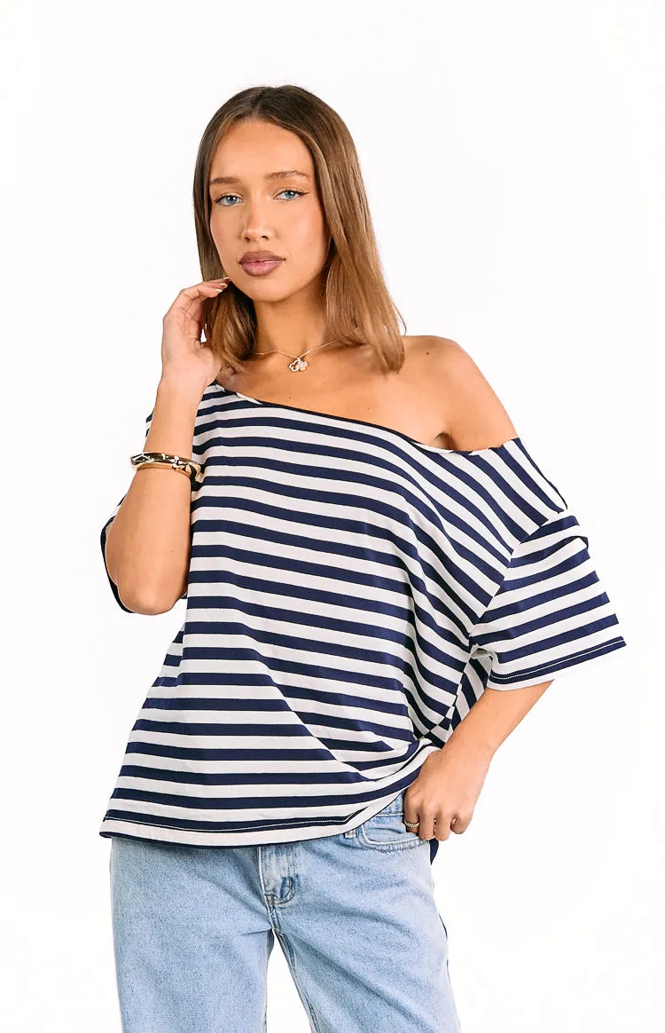 Kaiser Navy Stripe Off Shoulder Oversized Top sold by Beginning Boutique product image thumbnail 2