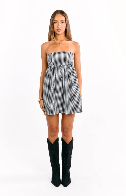 Berrie Black Gingham Strapless Mini Dress sold by Beginning Boutique