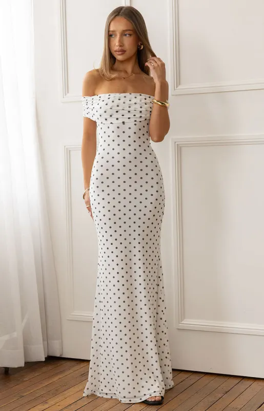 Cole White Polka Mesh Maxi Dress sold by Beginning Boutique