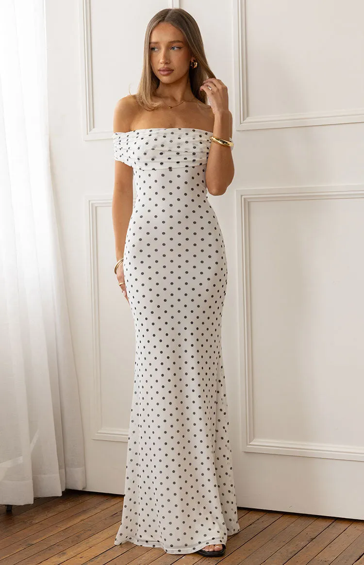 Cole White Polka Mesh Maxi Dress sold by Beginning Boutique